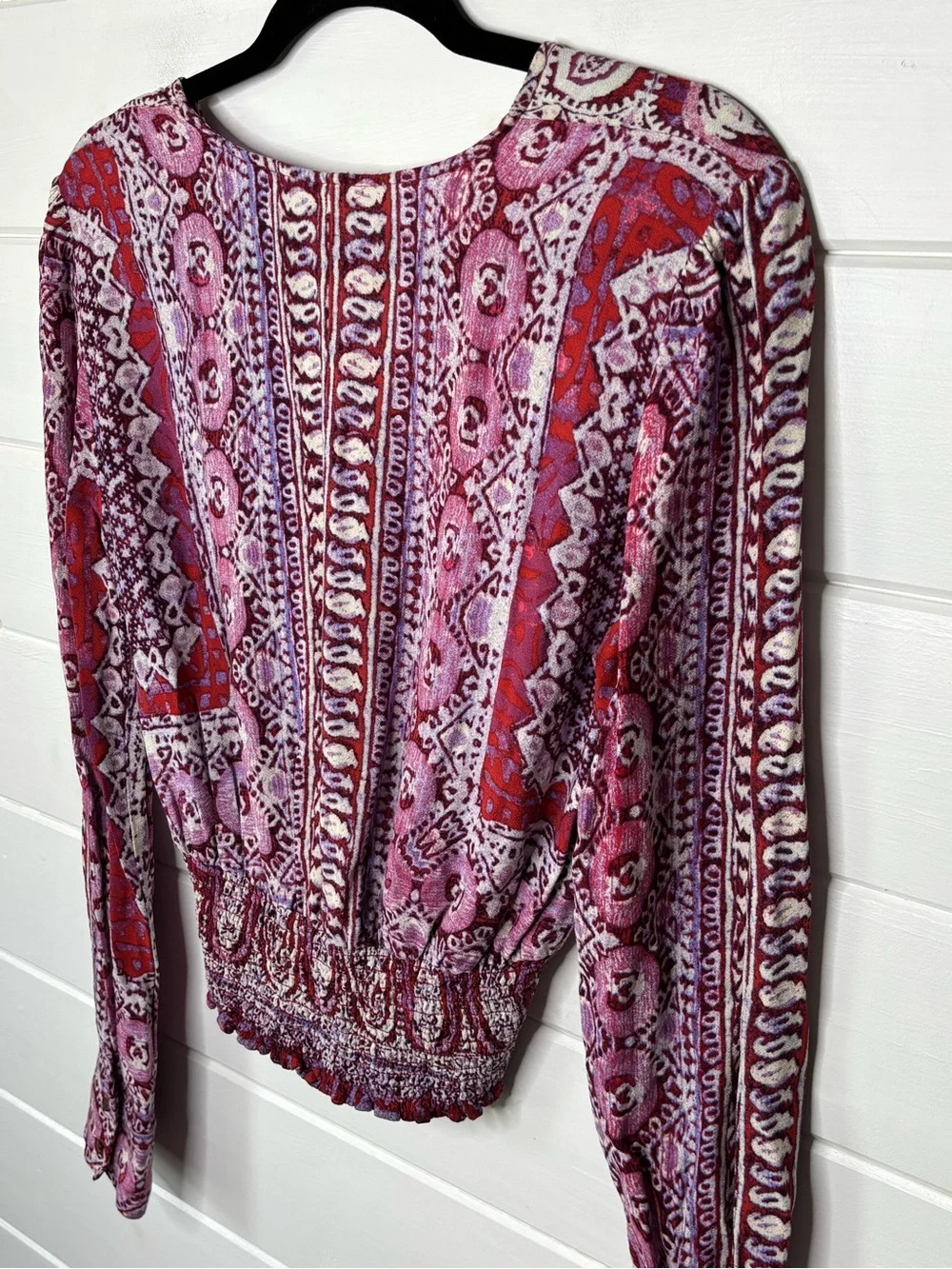 Free People Paisley Boho Deep V Smocked Top S/M Long Sleeve